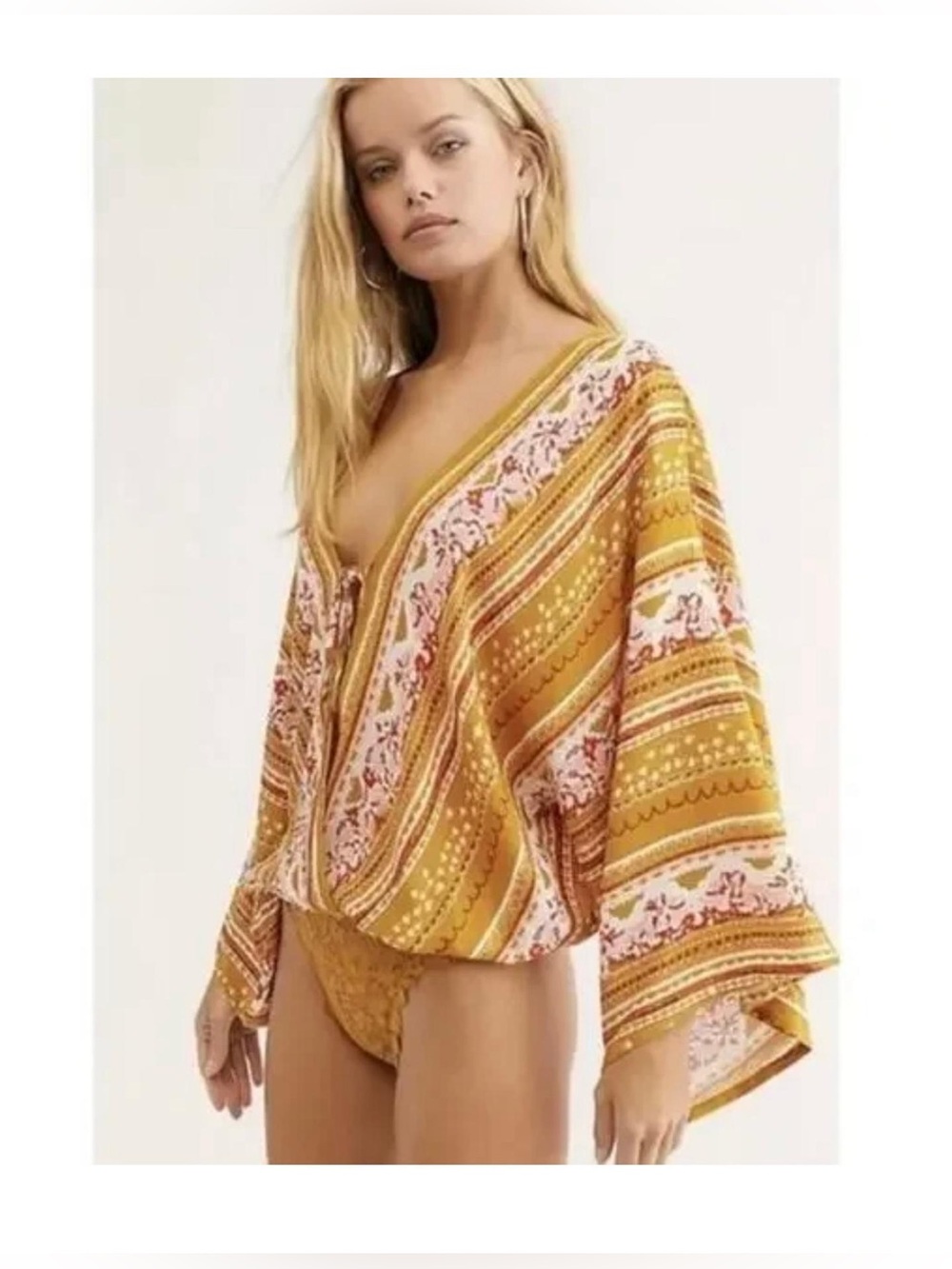 Free People For You Gold Combo Bell Sleeve Bodysuit
